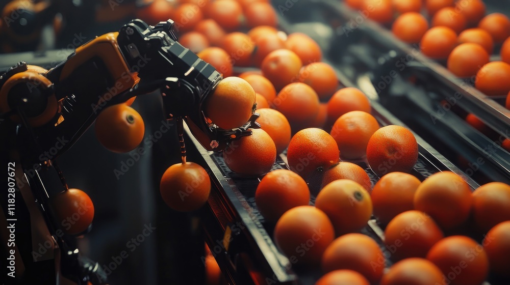Poster high-tech robotic arms sorting fruits on an assembly line.