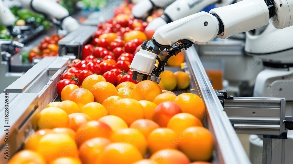 Poster high-tech robotic arms sorting fruits on an assembly line.