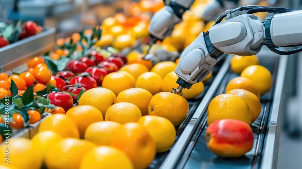 Aufkleber high-tech robotic arms sorting fruits on an assembly line.