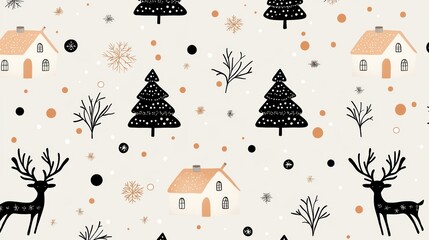 Vintage-style Christmas pattern, black and white reindeers and trees with cottages on beige, capturing nostalgic holiday warmth and simplicity
