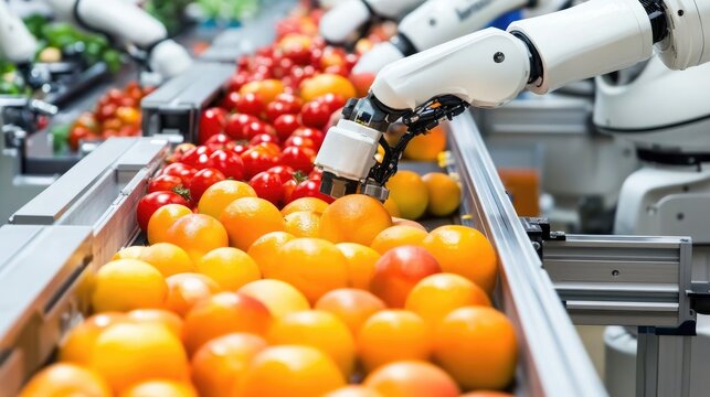 High-tech robotic arms sorting fruits on an assembly line.