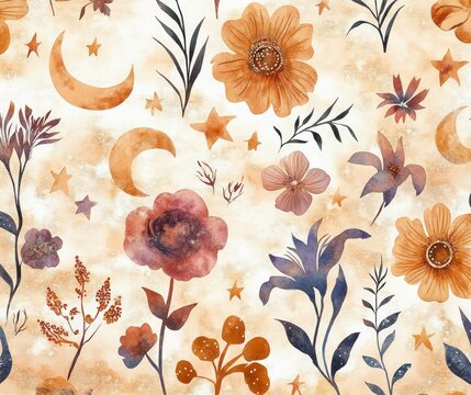 Whimsical Celestial and Botanical Watercolor Pattern with Stars, Moons, Flowers, and Sun