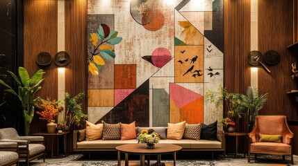 Modern lobby lounge with abstract art, wood paneling, and plants