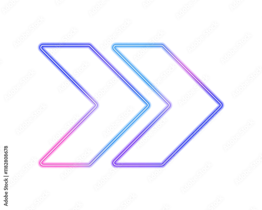 Poster neon arrows pointing right on transparent background with shining blue and pink effects. a modern de