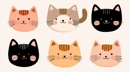 Delightful hand-drawn cat faces in a flat design, mixing simplistic geometric elements, smooth textures, and lively expressions to captivate viewers