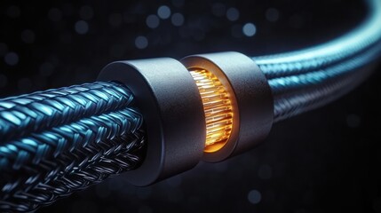 Electric cable structure armored submarine aluminium wire detailed close-up on black background