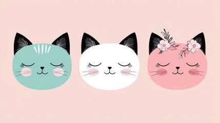 Obraz premium Adorable cat faces with minimalist vector illustrations, focusing on clean strokes, simple color palettes, and cute, expressive features in hand-drawn style