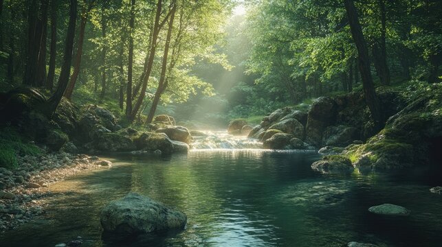 A crystal-clear river winding through a dense forest, with rocks and boulders breaking the flow of water. Sunlight filters through the trees, creating dappled reflections on the rivera??s surface.