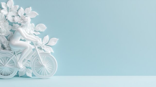 Elegant plastic bicycle decoration, detailed floral design, soft shadows, and calming blue tone for aesthetic appeal