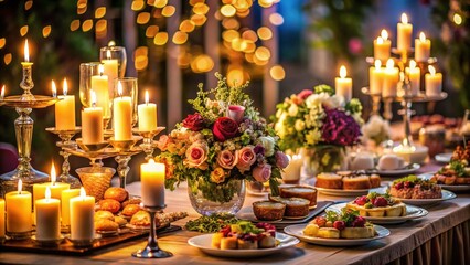 Elegant Wedding Reception Table Setting with Delicious Food, Decorated with Flowers and Candles