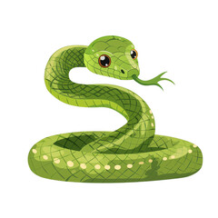 Fototapeta premium A green snake with a forked tongue, cartoon illustration.