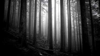 Fototapeta premium Misty Forest Path: A Monochromatic Journey Through the Woods