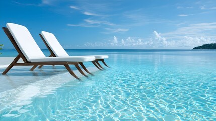 Obraz premium Cruise ship pool with lounge chairs, travelers relaxing, exclusive experience