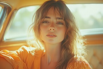 Smiling woman driving car with earbuds enjoying music and journey alone in elegant interior with natural light