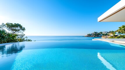 Fototapeta premium Elegant beachfront mansion, outdoor pool with ocean backdrop, ample text overlay space, luxurious and inviting, perfect for real estate ads