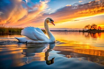 Fototapeta premium Elegant White Swan Swimming Away from Shore - Candid Wildlife Photography