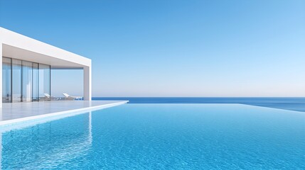 Fototapeta premium Elegant beachfront mansion, outdoor pool with ocean backdrop, ample text overlay space, luxurious and inviting, perfect for real estate ads