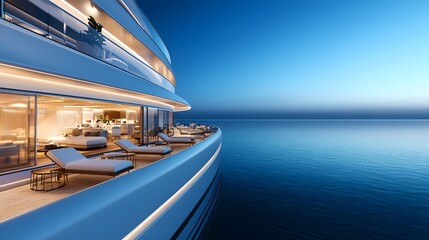 Fototapeta premium Elegant cruise ship at sunrise, sparkling ocean, luxurious deck with lounge chairs, stylish ad layout space, serene and exclusive vibe