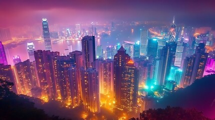 Fototapeta premium Neon Hong Kong Nightscape: A Dazzling Aerial View