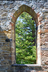 Stone arched window framing a lush green tree, blending historic architecture with natural beauty