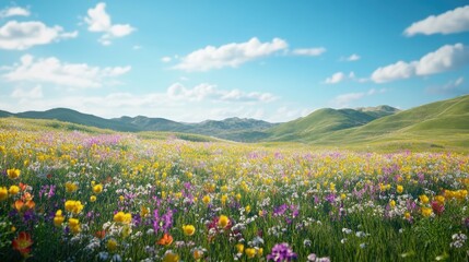 Obraz premium A breathtaking view of rolling hills covered in a carpet of wildflowers, with colors ranging from yellows to purples, stretching towards a clear blue sky dotted with fluffy clouds.