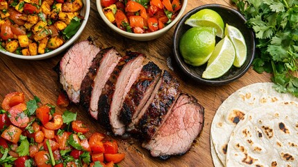 Grilled Steak Slices with Salsa and Tortillas Perfect for Taco Night
