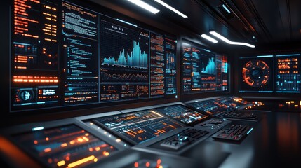 Futuristic control room with digital displays and interfaces for data analysis.