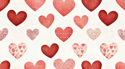 Delicate seamless pattern of various heart sizes in shades of red and pink on a subtle textured background, ideal for holiday or wedding concepts