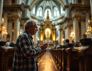 Naklejka premium A Old Man Praying in a Catholic Church