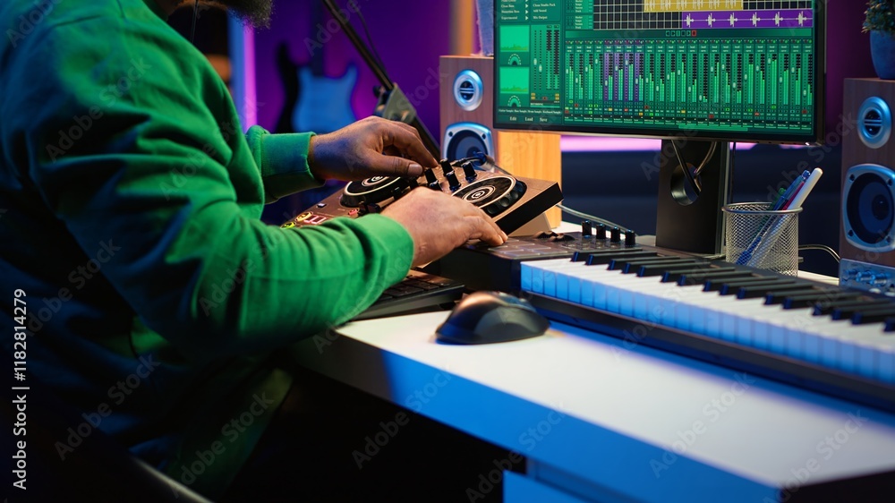 Poster Skilled music producer composing new soundtracks on console and daw software, working with stereo gear in home studio. Young artist engineer uses pre amp knobs, signal processing. Camera A.