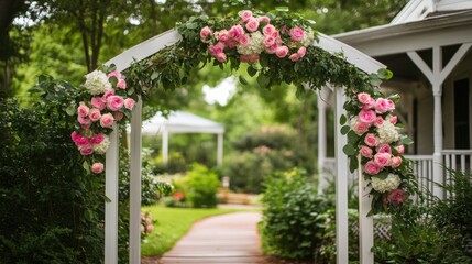 Fototapeta premium An elegant wedding arch adorned with cascading pink and white roses, placed in a lush green garden.