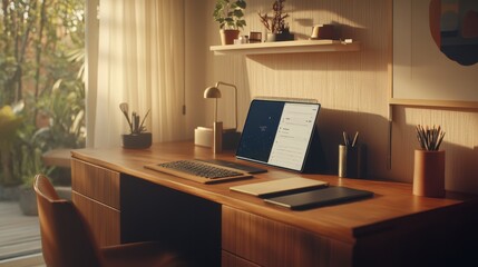 An organized desk setup with a tablet, keyboard, and an open notebook, set in a minimalist home office.