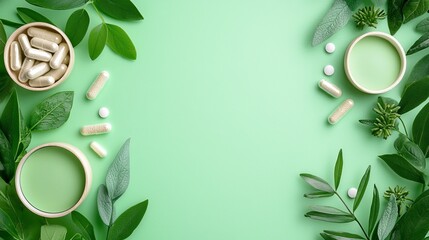 Wellness ad template with herbal capsules, subtle greenery background, soothing colors, minimalistic text space, relaxing and inviting design