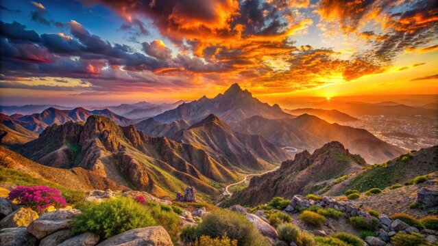 Golden Hour at Taif Mountain: Breathtaking Sunset, Fiery Skies, and Lush Landscapes in Saudi Arabia's Scenic Wonders