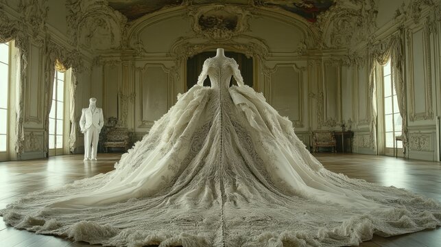 A ballgown-style wedding dress with a cathedral train and a groom's white tie ensemble, displayed in an opulent setting.