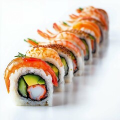Shrimp Sushi, fresh shrimp atop seasoned rice, simple and elegant, on a clean white background.