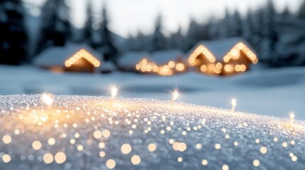 Winter village illuminated by warm lights, couples and families enjoying the snow, minimalist text overlay area, serene and enchanting vibe