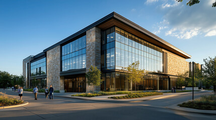 Obraz premium An Office Building with a Combination of Stone and Glass, Located on a Quiet Urban Street with People Walking By
