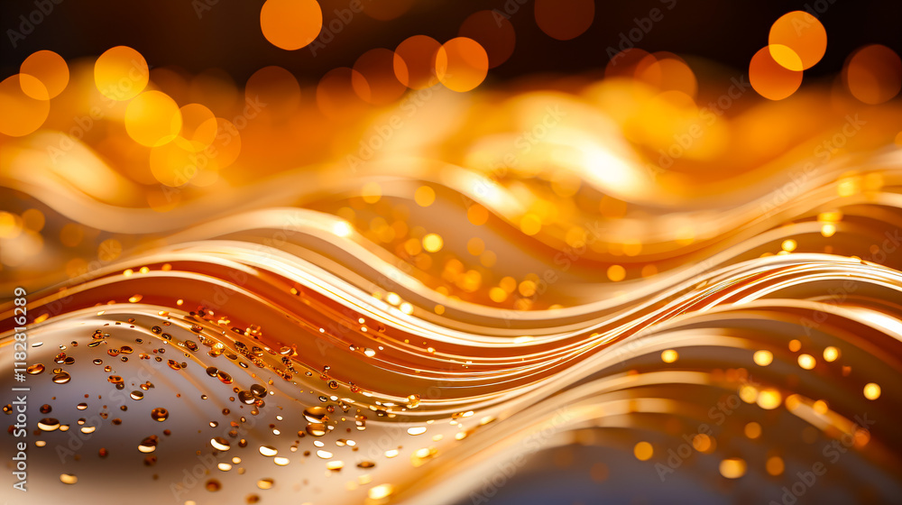 Poster Captivating golden waves with shimmering droplets create a mesmerizing visual effect in warm tones