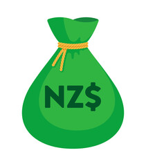 Green money bag with New Zealand dollar sign ($, NZ$). Economy, finance, wealth, profit, income, banking, NZD currency concept. Flat vector illustration isolated on a white background