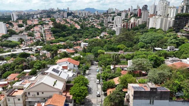 Aerial video above Parque Ibirapuera Sao Paulo on a sunny day