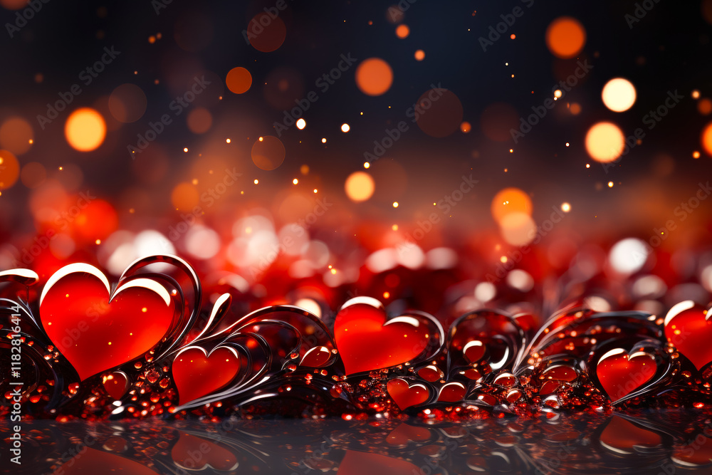 Aufkleber bright red hearts glow amidst sparkling droplets and soft light in an enchanting background