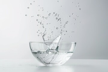 the big water droplets dripping into the clear bowl isolated on white background 