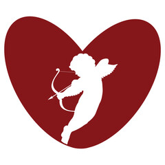 simple red heart icon with cupid shadow holding cupid's bow and arrows, valentines day design