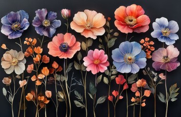 Watercolor Flower Collection Poppy Rose Fresia Ginkgo Botanical Illustration Transparent Floral Set