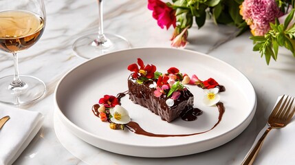Elegant Chocolate Dessert with Flowers Gourmet Food Photography