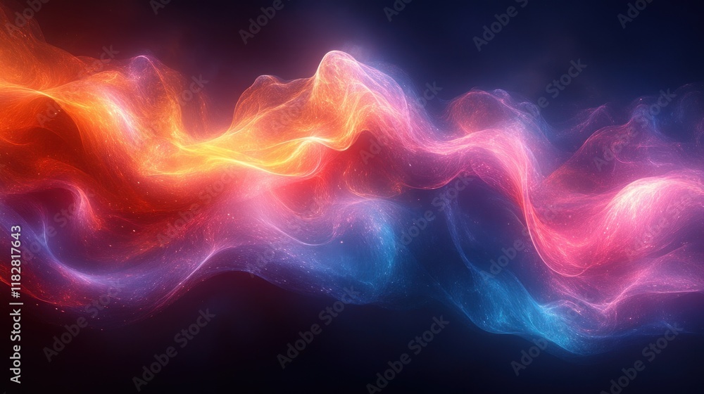Poster dynamic flowing neon light waves abstract art with ethereal texture and dark background
