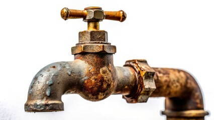 Isolated Water Tap, Urban Exploration Photography, White Background, Rusty Faucet, Vintage Plumbing, Industrial Pipe, Metal Tap, Old Water Valve, Closeup