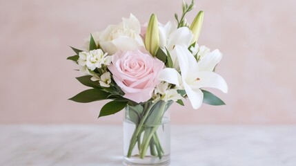 A delicate bouquet of pale pink roses and white lilies, arranged in a transparent vase on a minimalist table.