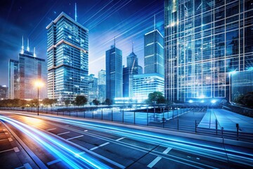 Fototapeta premium Long Exposure Architectural Blueprint Photography: Abstract Design, Urban Structure, Night Cityscape, Building Plans, Digital Art, Modern Architecture